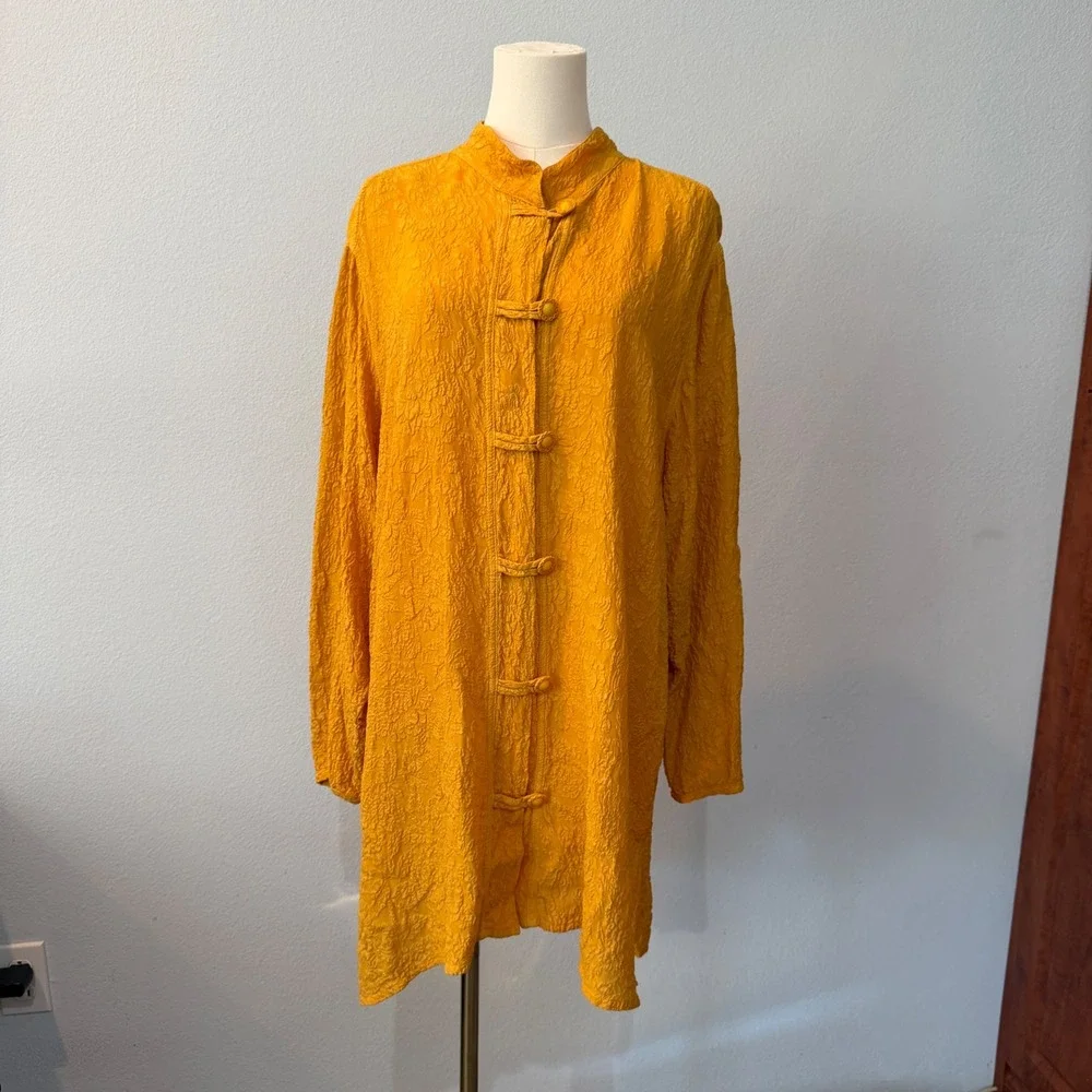 URU 100% Silk Yellow Crinkle Tunic Mandarin Collar Frog Toggle Lagenlook Large - Picture 2 of 14